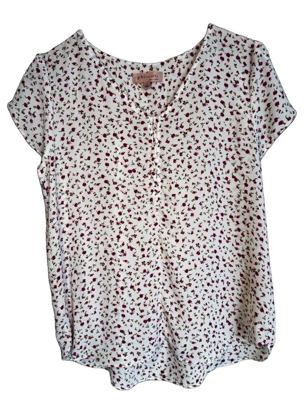 philosophy White Floral Henley Short-Sleeve Top L Lightweight Office Casual